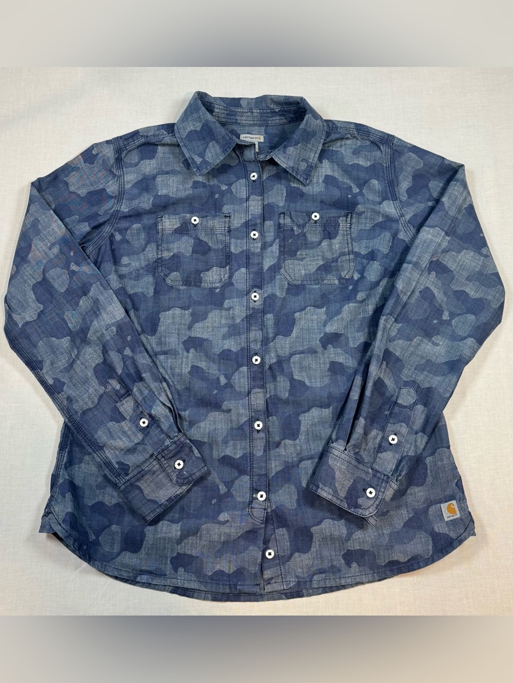 Carhartt Women's S Milam Camo Indigo Chambray Button Up Shirt